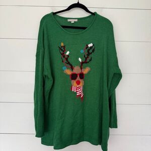 Woman Within Women’s 1X Green Reindeer Pullover Sweater Ugly Christmas Holiday